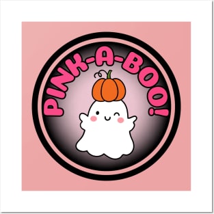 Cute Pink-a-Boo Halloween ghost wearing pumpkin gender Posters and Art